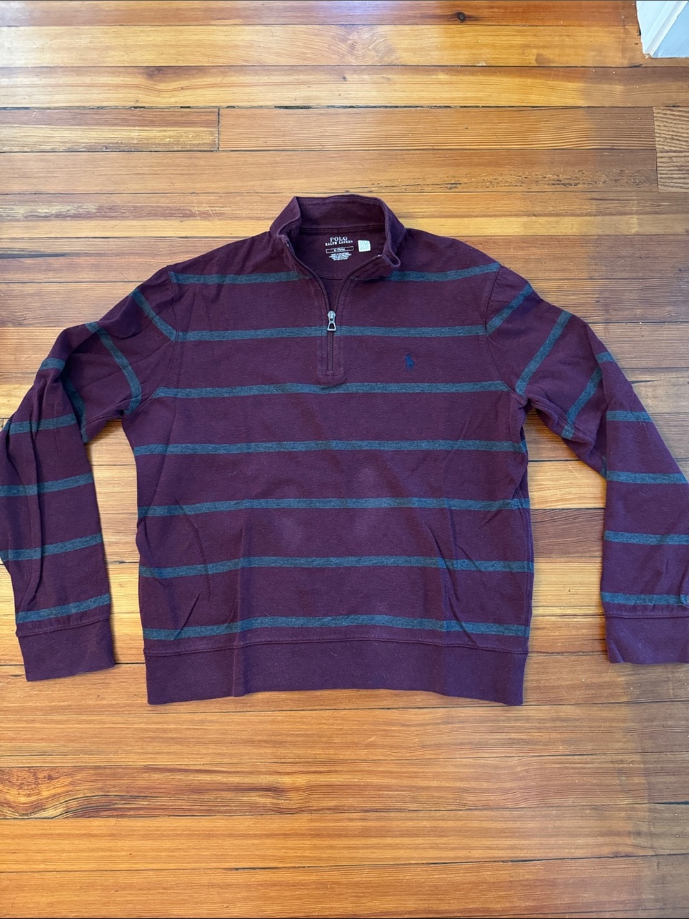 Polo by Ralph Lauren Men's Burgundy and Grey Striped Quarter-Zip Sweater
